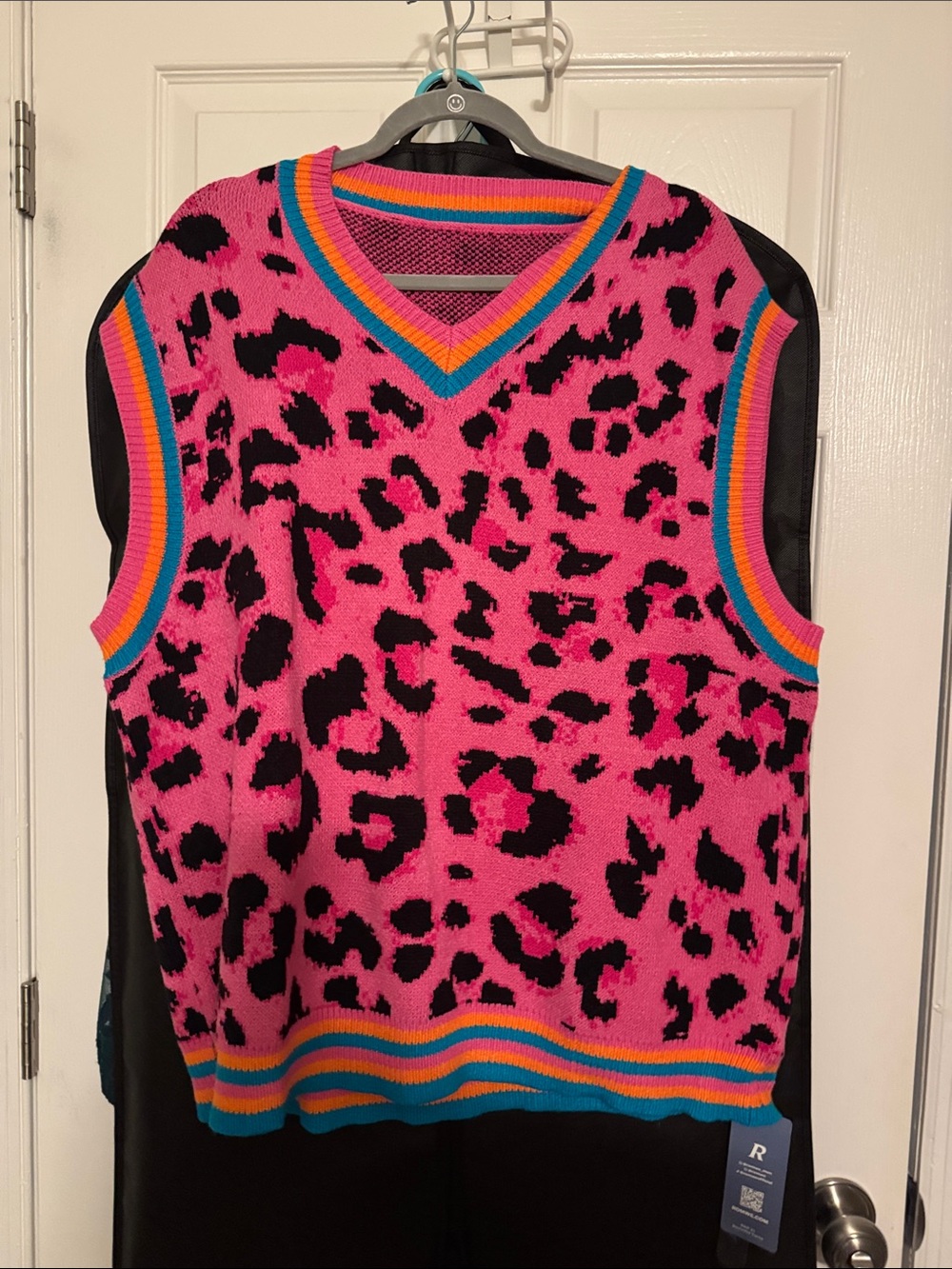Kids' Pink Leopard Print Knit Vest with Multicolor Trim
